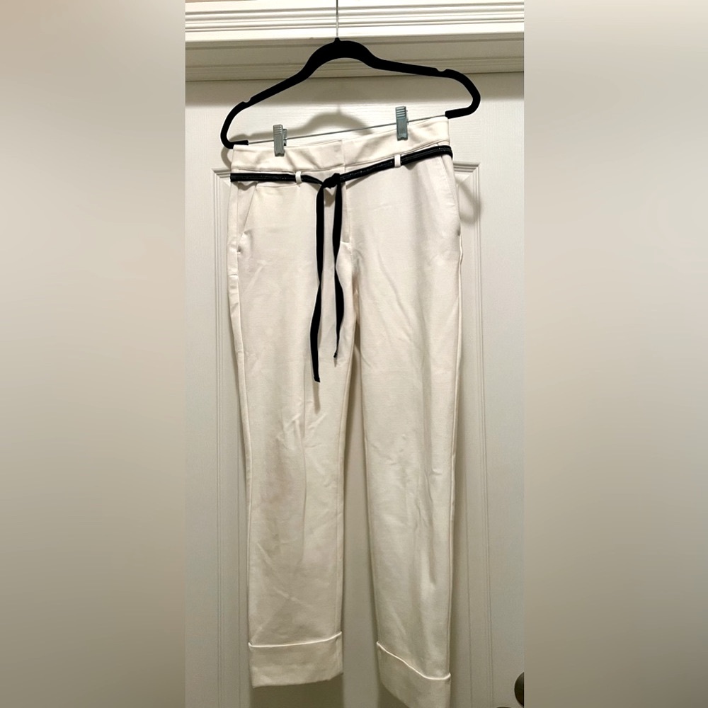 Ecru ankle length lined dress pants with sparkle silver & black belt